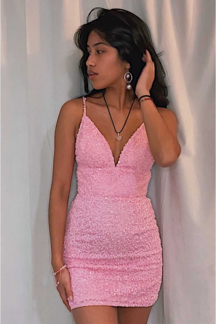 Short/Mini Pink Sequins V Neck Prom Dresses Homecoming Dresses 904115