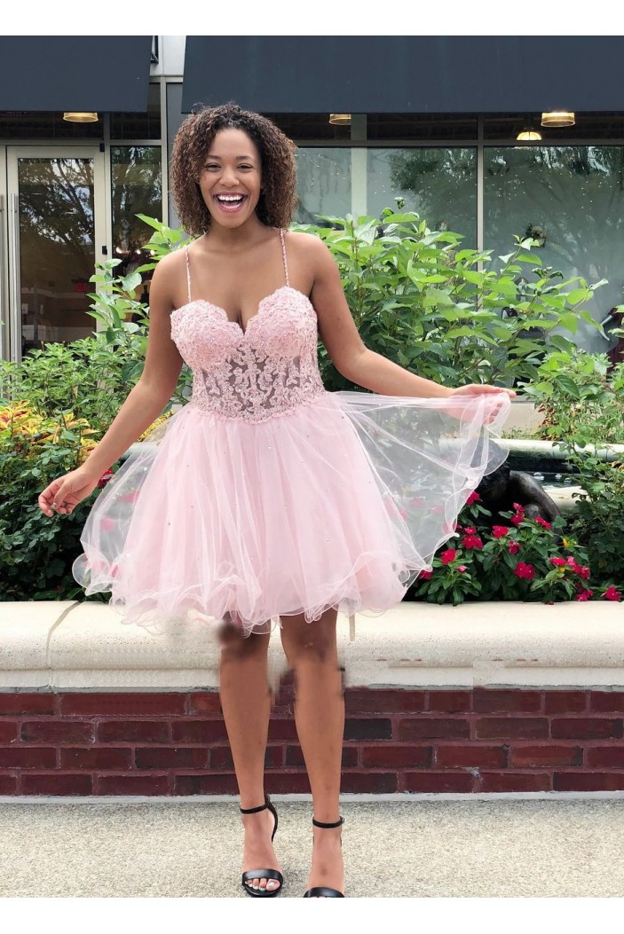 Short/Mini Pink Spaghetti Straps Lace Prom Dresses Homecoming Dresses 904122