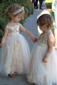 Cute Floor Length Sequins and Tulle Flower Girl Dresses 905026