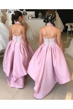 Lace and Satin Pink Halter High Low Flower Girl Dresses 905069