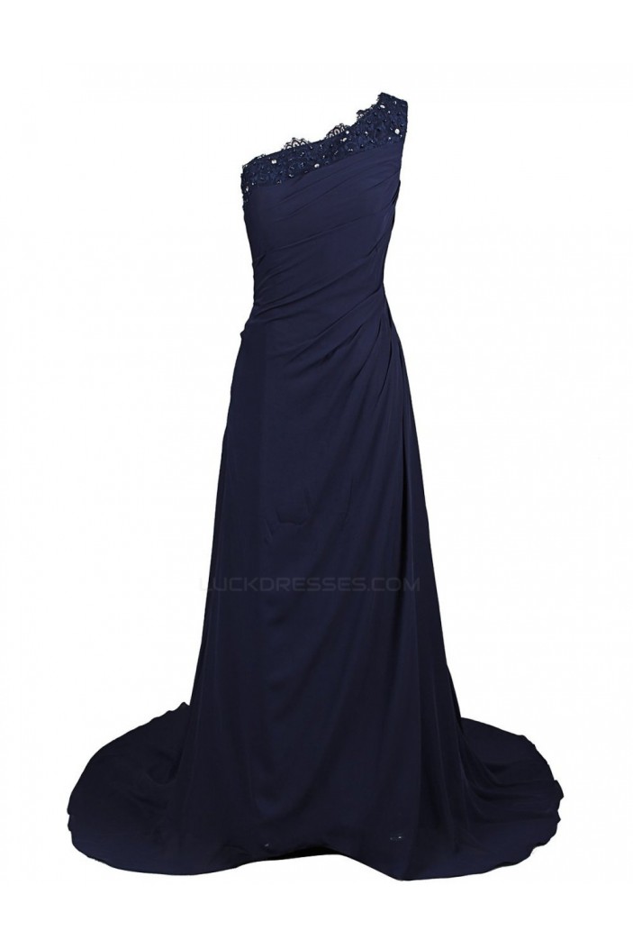 A-Line One-Shoulder Navy Blue Long Chiffon Bridesmaid Dresses/Wedding ...