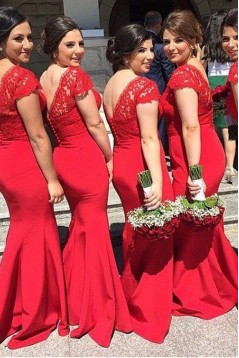 Mermaid V-Neck Lace Long Red Bridesmaid Dresses/Wedding Party Dresses BD010039