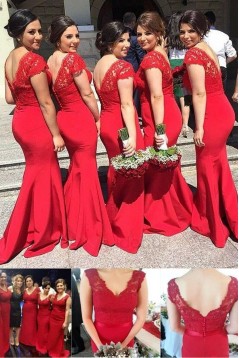 Mermaid V-Neck Lace Long Red Bridesmaid Dresses/Wedding Party Dresses BD010039