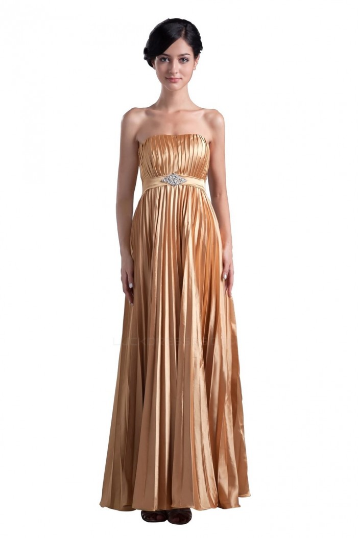 A-Line Strapless Beaded Pleated Gold Long Bridesmaid Dresses/Wedding Party Dresses BD010061