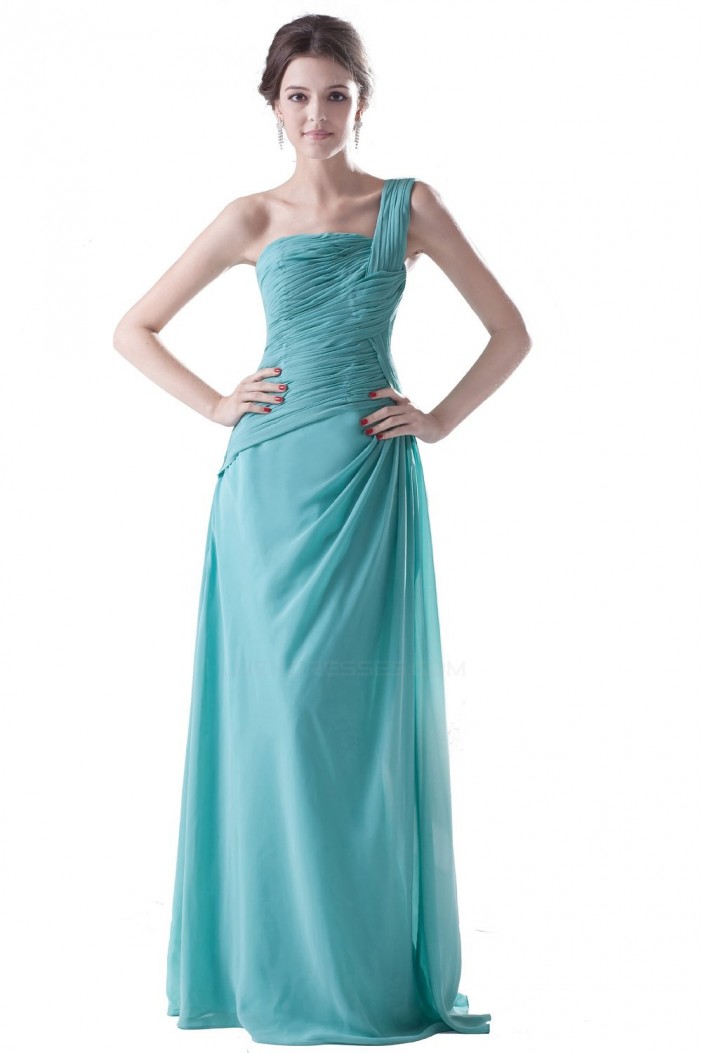 Sheath/Column One-Shoulder Long Blue Chiffon Bridesmaid Dresses/Wedding Party Dresses BD010086