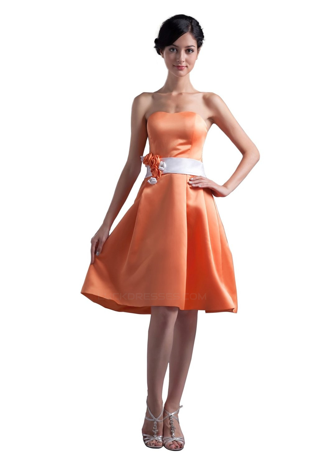 A Line Strapless Orange Short Satin Bridesmaid Dresseswedding Party Dresses Bd010097 4099