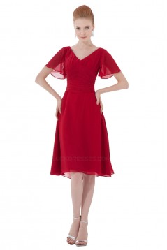 A-Line V-Neck Short Sleeve Red Chiffon Bridesmaid Dresses/Wedding Party Dresses BD010138