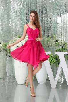 A-Line Spaghetti Strap Hot Pink Short Chiffon Bridesmaid Dresses/Wedding Party Dresses BD010421