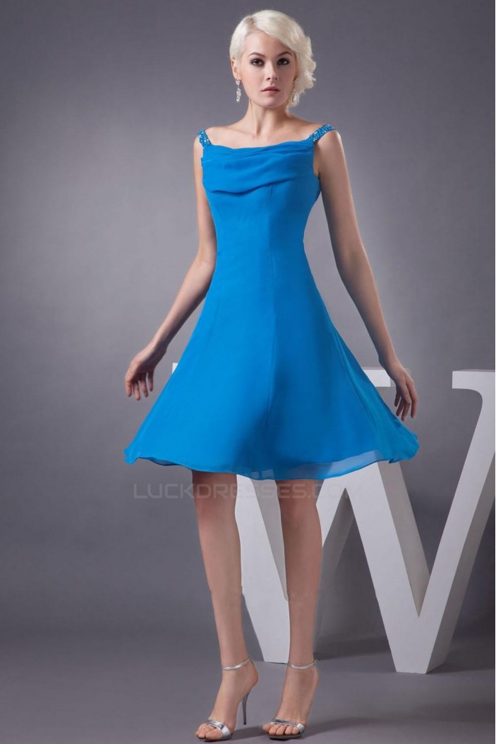 A-Line Beaded Spaghetti Strap Short Blue Chiffon Bridesmaid Dresses/Wedding Party Dresses BD010451