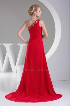 Sheath/Column One-Shoulder Beaded Long Red Chiffon Bridesmaid Dresses/Wedding Party Dresses BD010467