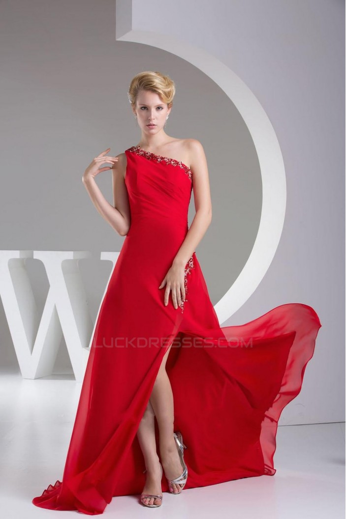 Sheath/Column One-Shoulder Beaded Long Red Chiffon Bridesmaid Dresses/Wedding Party Dresses BD010467