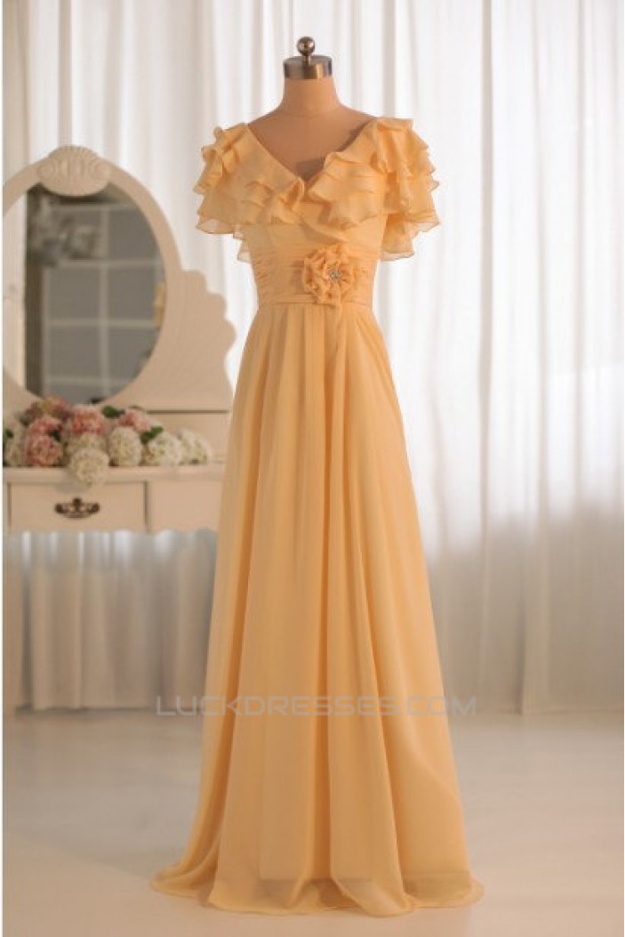 A-Line V-Neck Yellow Floor-Length Chiffon Bridesmaid Dresses/Wedding Party Dresses BD010497