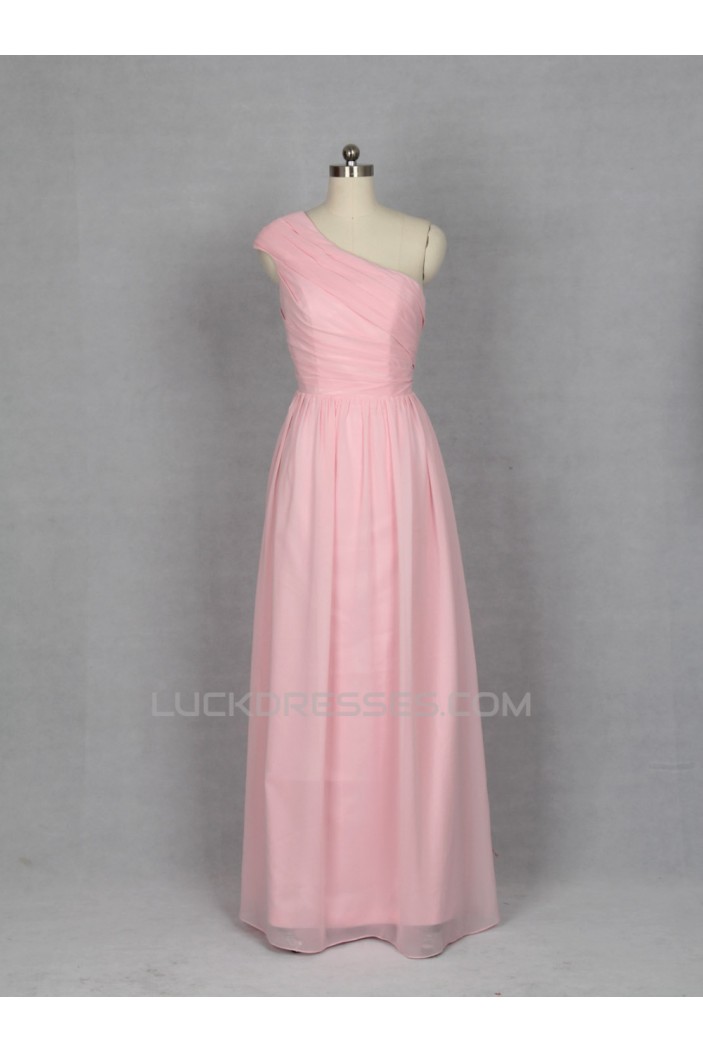 A-Line One-Shoulder Long Pink Chiffon Bridesmaid Dresses/Evening Dresses BD010532