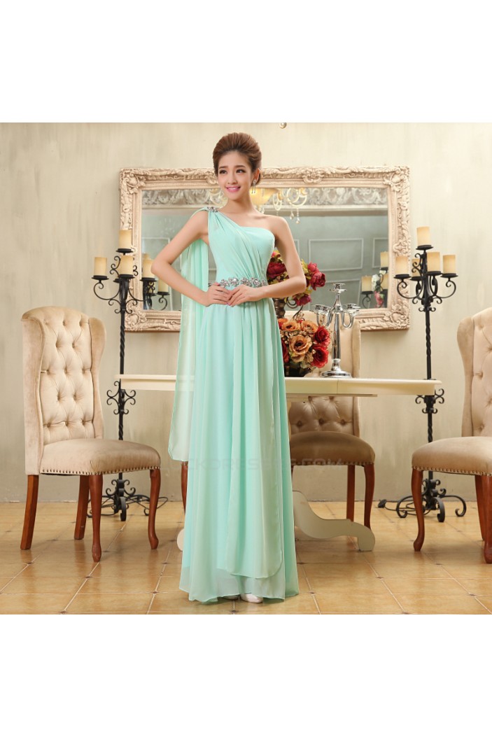 A-Line One-Shoulder Beaded Long Green Chiffon Bridesmaid Dresses/Evening Dresses BD010582