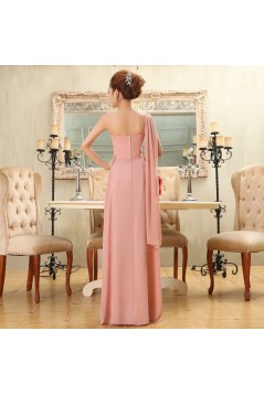 A-Line One-Shoulder Beaded Long Pink Chiffon Bridesmaid Dresses/Evening Dresses BD010585