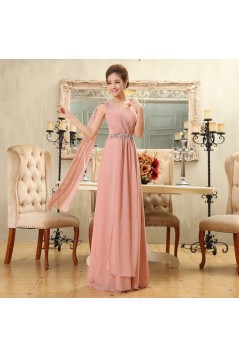 A-Line One-Shoulder Beaded Long Pink Chiffon Bridesmaid Dresses/Evening Dresses BD010585