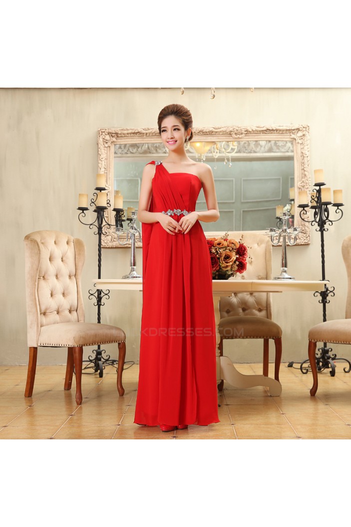 A-Line One-Shoulder Beaded Long Red Chiffon Bridesmaid Dresses/Evening Dresses BD010586