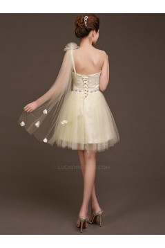 A-Line One-Shoulder Beaded Tulle Short Bridesmaid Dresses/Evening Dresses BD010617