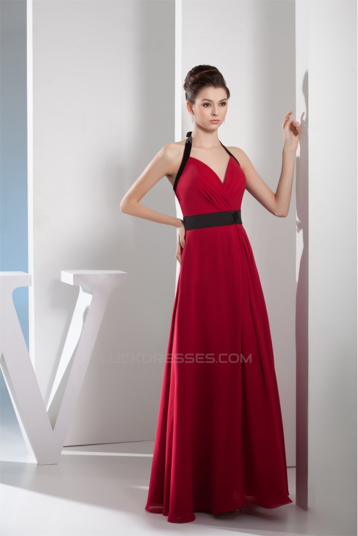 A-Line Halter Long Chiffon Red Bridesmaid Dresses 02010002