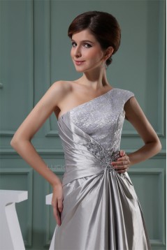 A-Line Beading One-Shoulder Sleeveless Lace Silk like Satin and Lace Best Long Bridesmaid Dresses 02010004