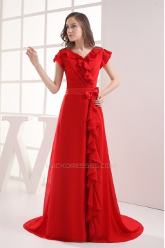 Brush Sweep Train V-Neck Chiffon Silk like Satin Long Red Bridesmaid Dresses with Sleeves 02010010