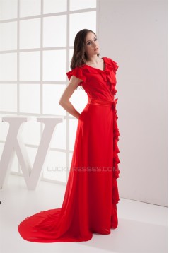 Brush Sweep Train V-Neck Chiffon Silk like Satin Long Red Bridesmaid Dresses with Sleeves 02010010