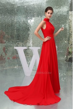 A-Line High-Neck Sleeveless Ruffles Long Red Chiffon Bridesmaid Dresses 02010012