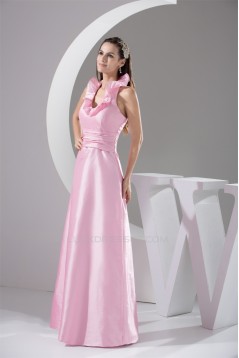 Floor-Length A-Line Halter Sleeveless Ruched Long Pink Bridesmaid Dresses 02010030