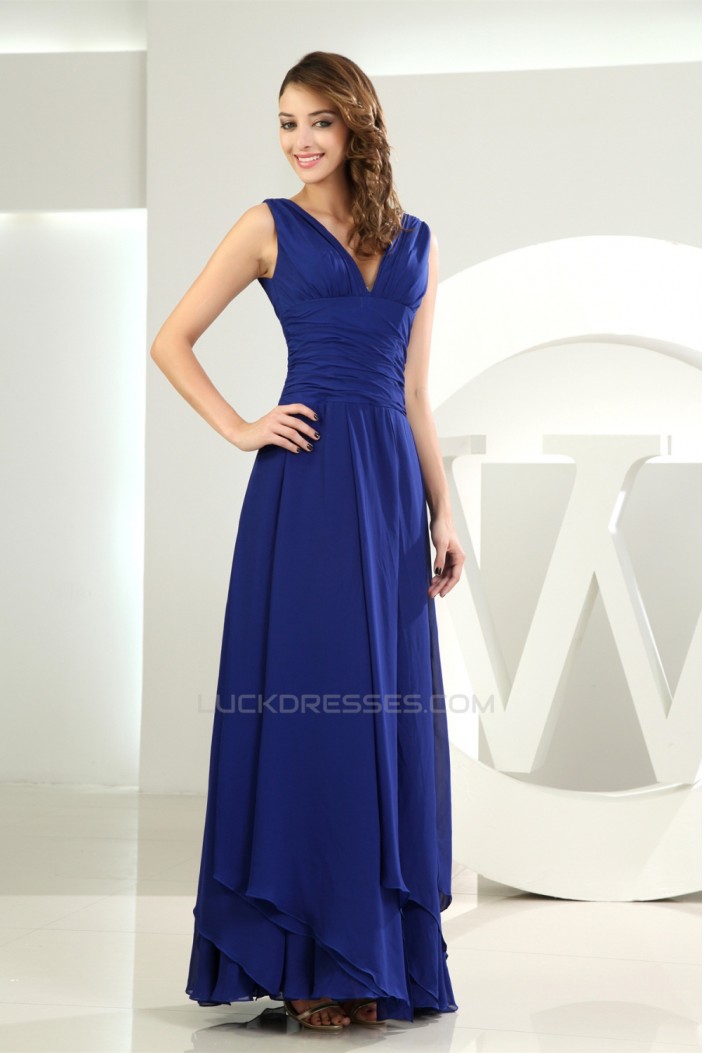 A-Line V-Neck Floor-Length Chiffon Long Blue Bridesmaid Dresses 02010039