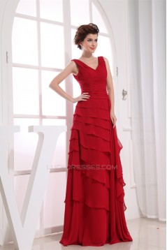 Illusion Sleeves A-Line Floor-Length V-Neck Long Red Chiffon Bridesmaid Dresses 02010062