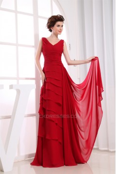 Illusion Sleeves A-Line Floor-Length V-Neck Long Red Chiffon Bridesmaid Dresses 02010062