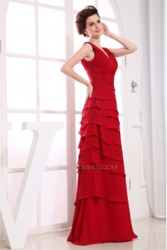 Illusion Sleeves A-Line Floor-Length V-Neck Long Red Chiffon Bridesmaid Dresses 02010062