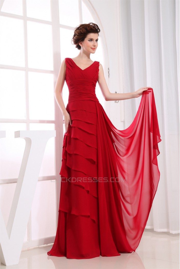 Illusion Sleeves A-Line Floor-Length V-Neck Long Red Chiffon Bridesmaid Dresses 02010062