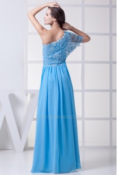 A-Line One-Shoulder Floor-Length Chiffon Lace Long Bridesmaid Dresses 02010070