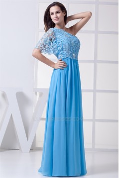 A-Line One-Shoulder Floor-Length Chiffon Lace Long Bridesmaid Dresses 02010070