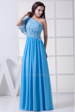 A-Line One-Shoulder Floor-Length Chiffon Lace Long Bridesmaid Dresses 02010070