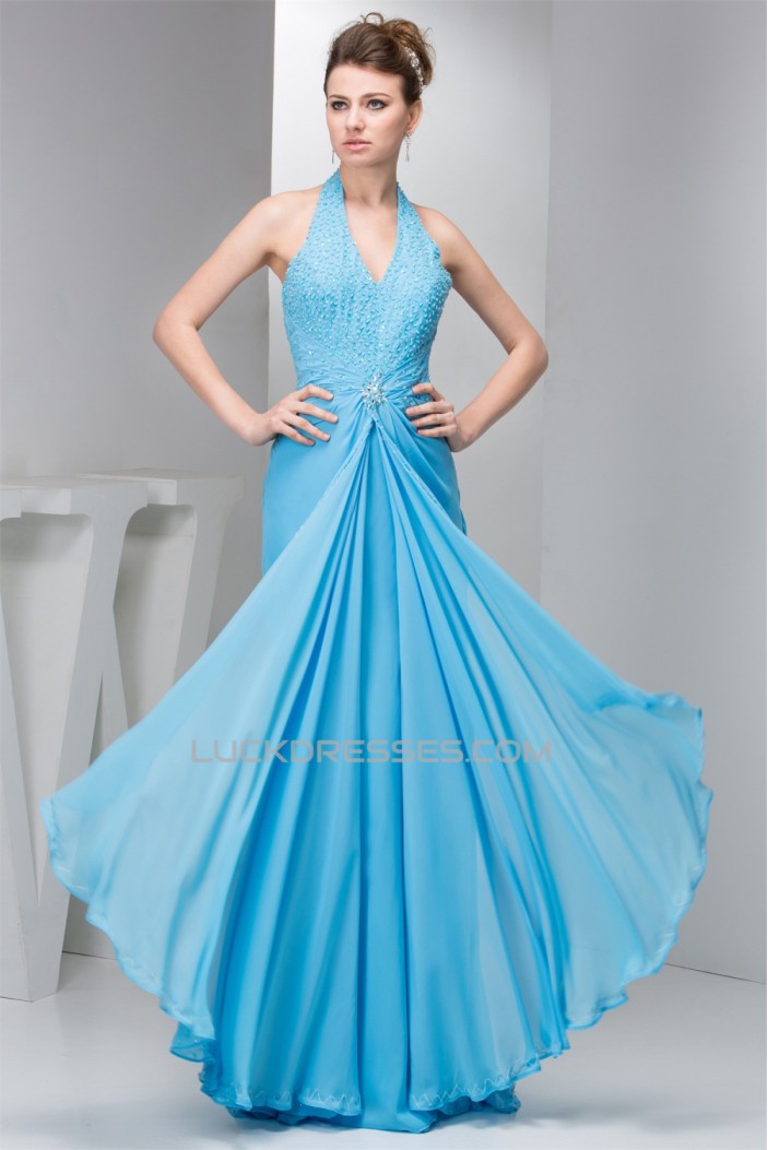 Elegant Beading 100D Chiffon Halter Long Blue Bridesmaid Dresses 02010092