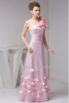 A-Line One-Shoulder Fine Netting Sleeveless Long Pink Bridesmaid Dresses 02010111