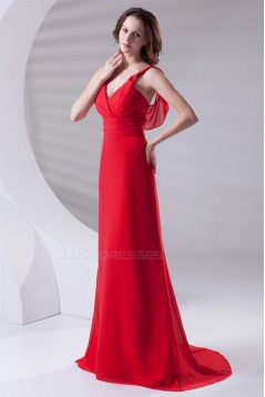 A-Line Chiffon Brush Sweep Train Long Red Chiffon Bridesmaid Dresses 02010120