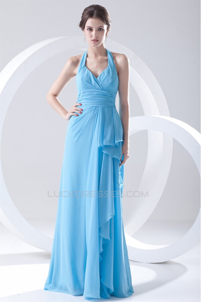 Most Popular Halter Side Drapping Best Long Blue Chiffon Bridesmaid Dresses 02010142