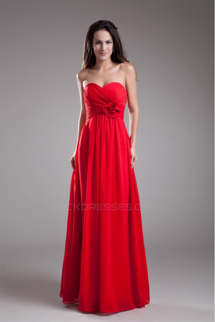 Handmade Flowers Sleeveless Sheath/Column Long Red Chiffon Bridesmaid Dresses 02010168