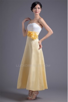 A-Line Ankle-Length Satin Soft Handmade Flowers Bridesmaid Dresses 02010183