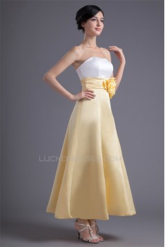 A-Line Ankle-Length Satin Soft Handmade Flowers Bridesmaid Dresses 02010183