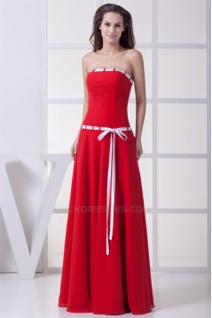 A-Line Strapless Satin Chiffon Sleeveless Long Red Bridesmaid Dresses 02010236