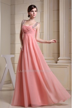 A-Line Sleeveless Straps Beading Chiffon Long Bridesmaid Dresses 02010237