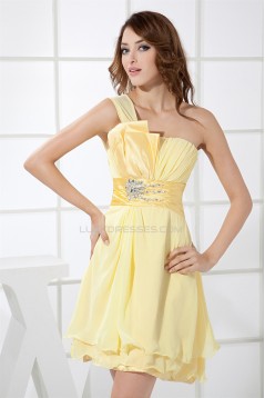 Beading Sheath/Column Knee-Length One-Shoulder Short Yellow Bridesmaid Dresses 02010258