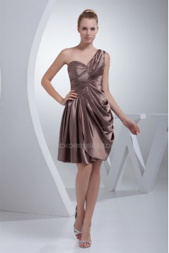 Elastic Woven Satin Ruched One-Shoulder Short Bridesmaid Dresses 02010286