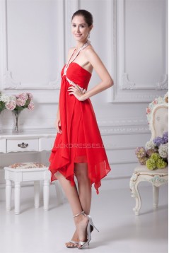 A-Line Halter Chiffon Asymmetrical Beaded Short Red Bridesmaid Dresses 02010293