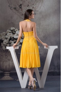 Halter Under Knee Beading A-Line Chiffon Short Yellow Evening/Bridesmaid Dresses 02010296