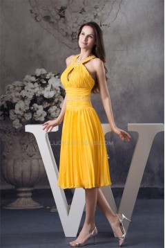 Halter Under Knee Beading A-Line Chiffon Short Yellow Evening/Bridesmaid Dresses 02010296